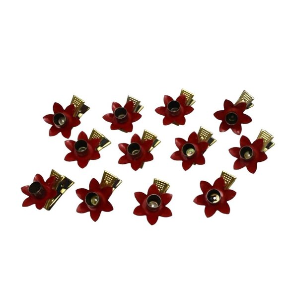 12 Vintage Red Pointsettia Flower Metal Candle Clips Christmas Tree Decoration - Picture 7 of 10